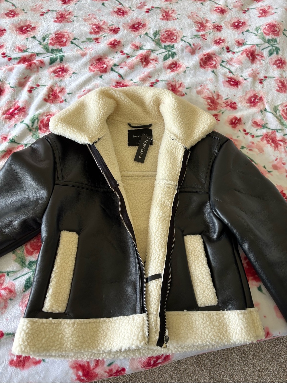 New Look Black Faux Leather Jacket with Cream Sherpa Trim